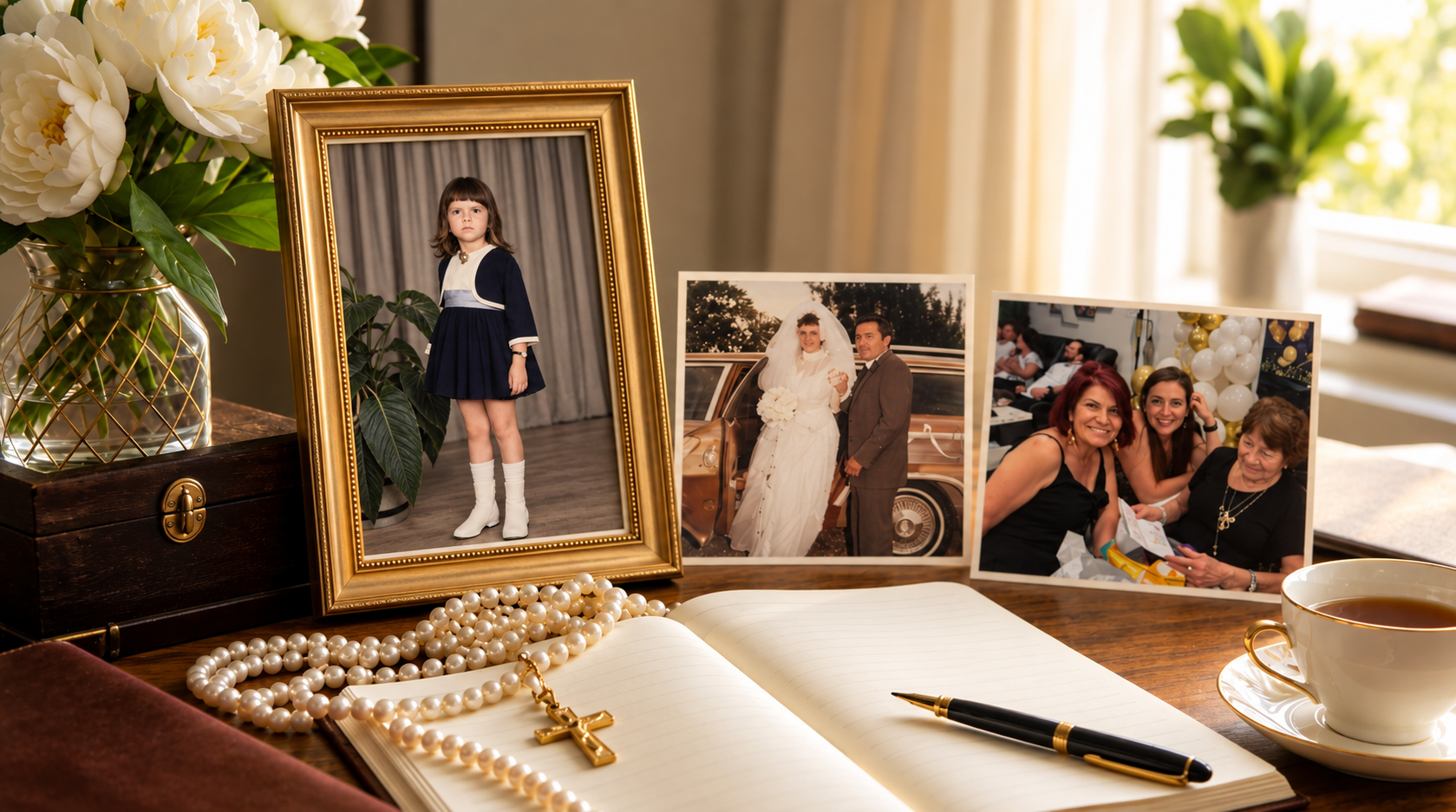 A gold-framed childhood portrait of Laura Weller beside an open journal, pearls, a teacup and family photographs on a dark wooden table