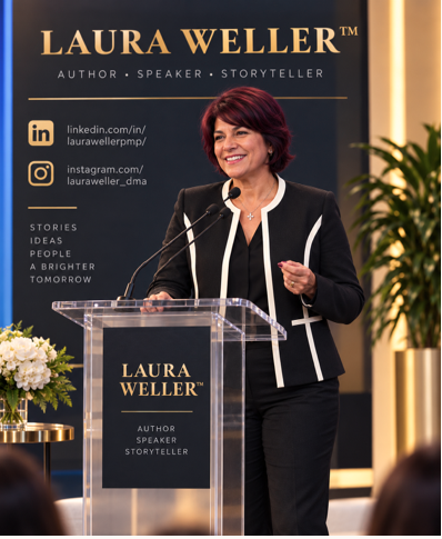 DMA — Laura Weller speaking at a branded podium