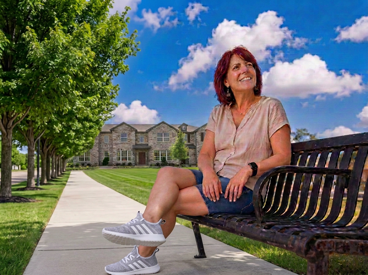Laura Weller smiling on a sunny urban bench beneath a blue sky filled with clouds