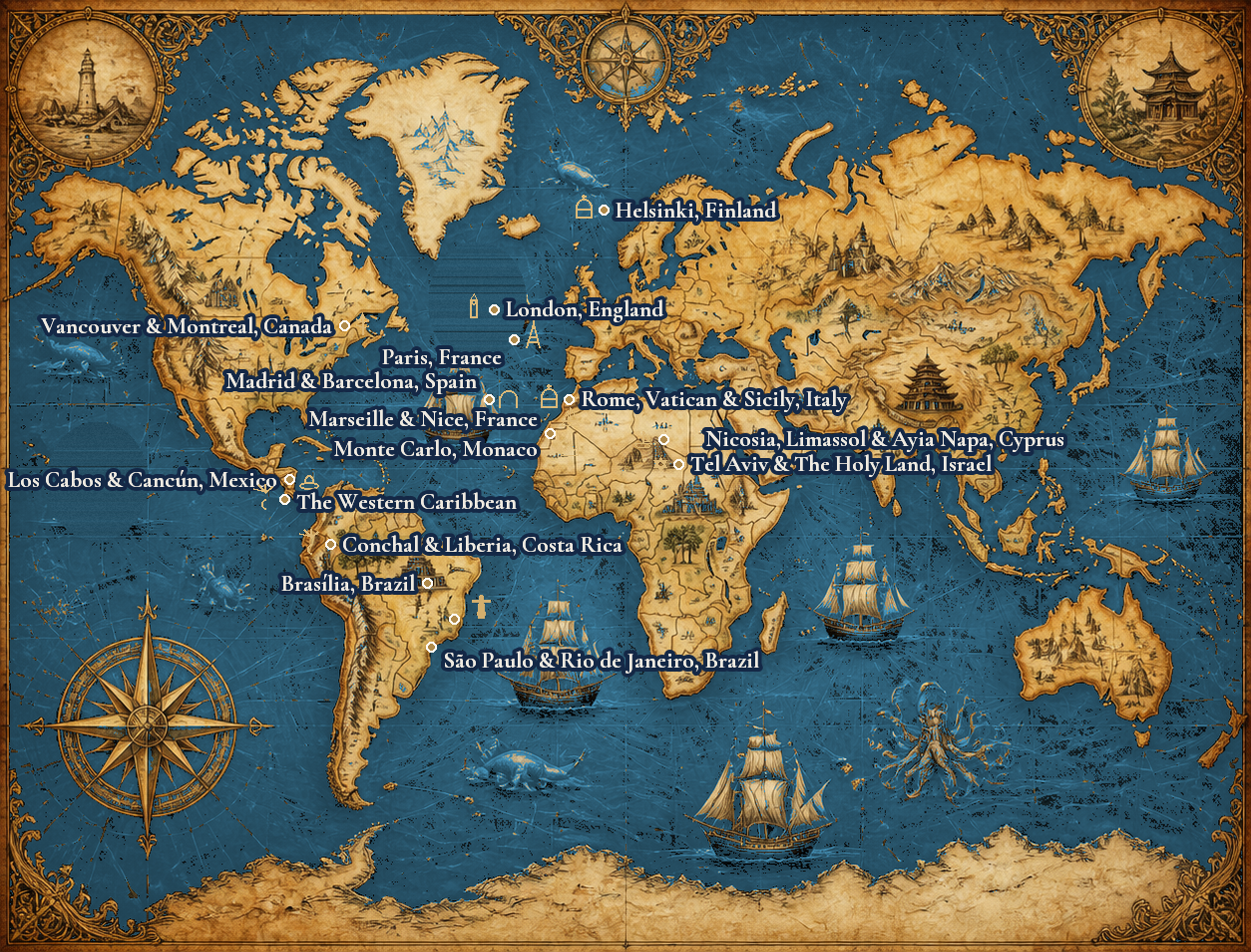 Hand-illustrated vintage world map with gold markers labeling Laura Weller's legacy across Nicosia, Limassol & Ayia Napa, Cyprus; Tel Aviv & The Holy Land, Israel; Madrid & Barcelona, Spain; Paris, France; Marseille & Nice, France; Monte Carlo, Monaco; Rome, Vatican & Sicily, Italy; London, England; Helsinki, Finland; Vancouver & Montreal, Canada; Los Cabos & Cancún, Mexico; Conchal & Liberia, Costa Rica; Brasília, São Paulo & Rio de Janeiro, Brazil; and the Western Caribbean