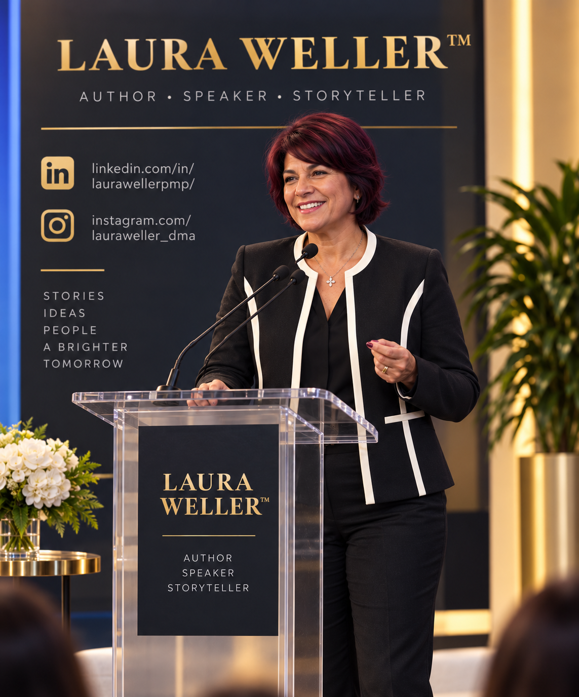 Laura Weller speaking at a podium in front of her branded backdrop