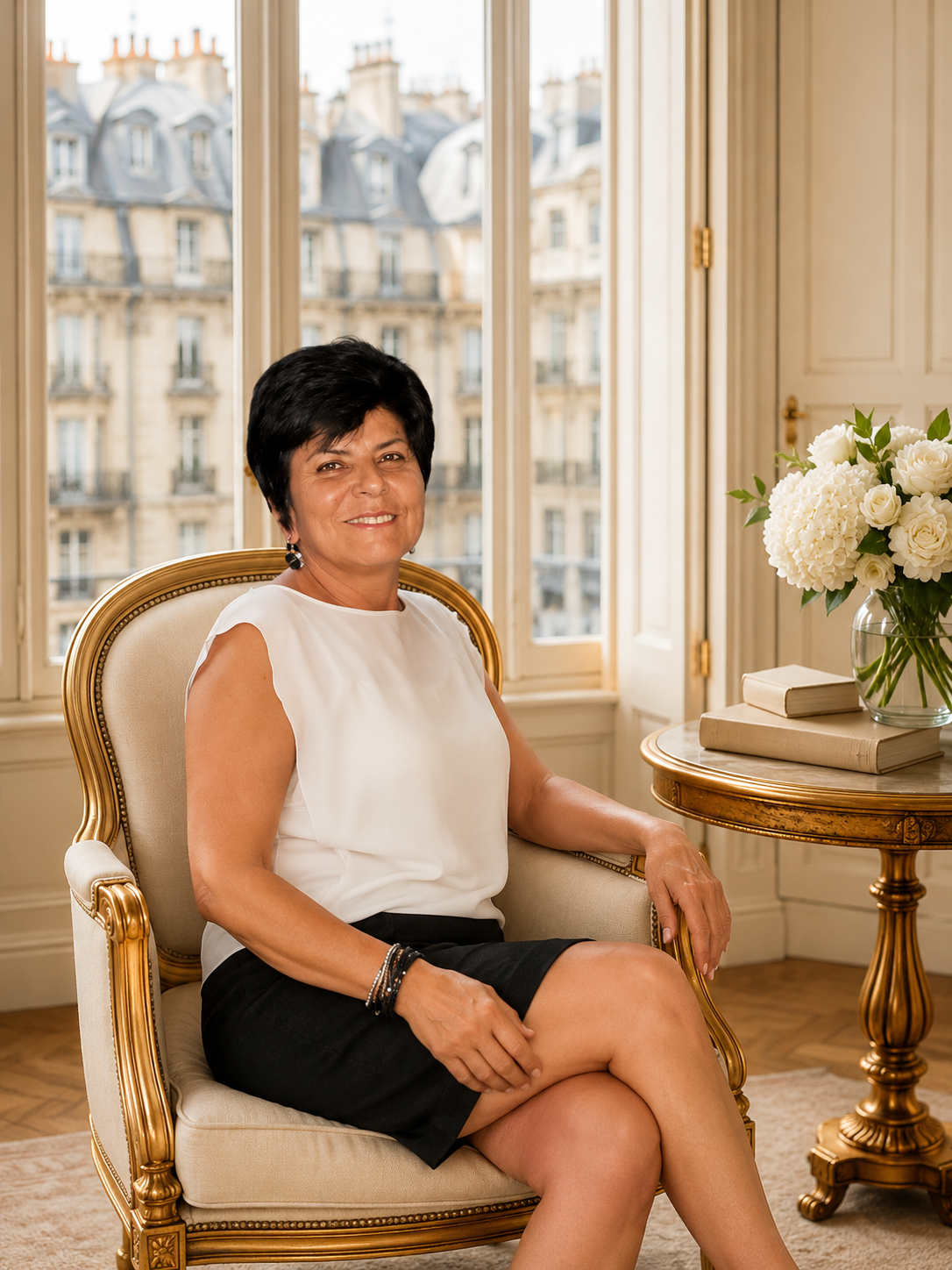 Laura Weller in an ivory silk suit seated in a Parisian armchair beside a window