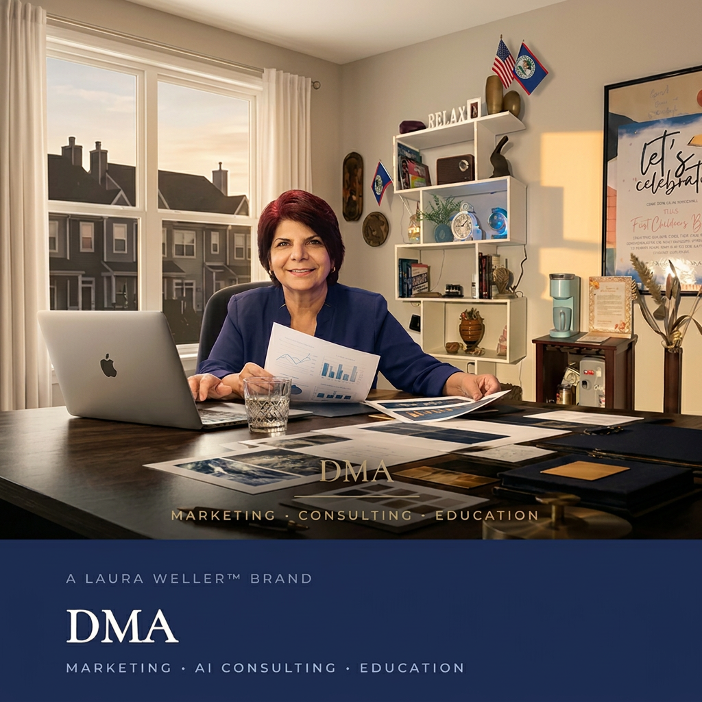 Laura Weller reviewing graphs at her DMA-branded desk in her home office, with an Apple laptop, white bookcase, flags, and a townhomes view through the window