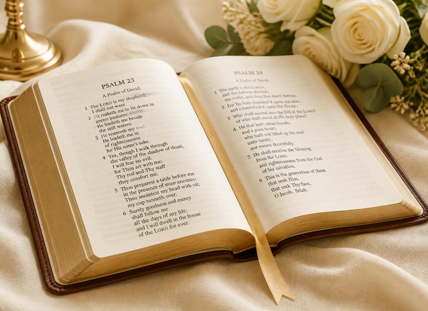 An open Bible with a gold ribbon marker beside white roses