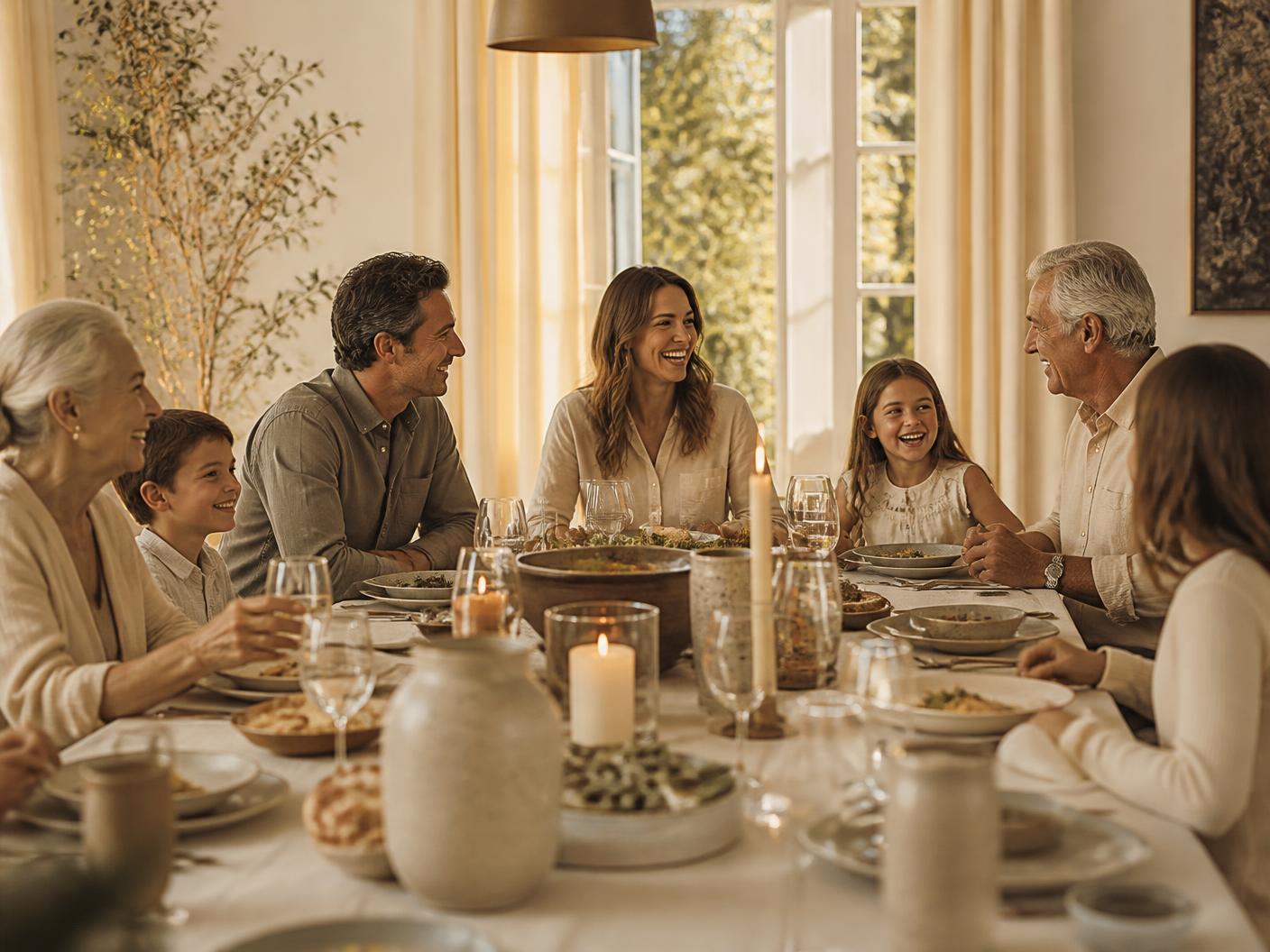 A multigenerational family laughing around a long dinner table