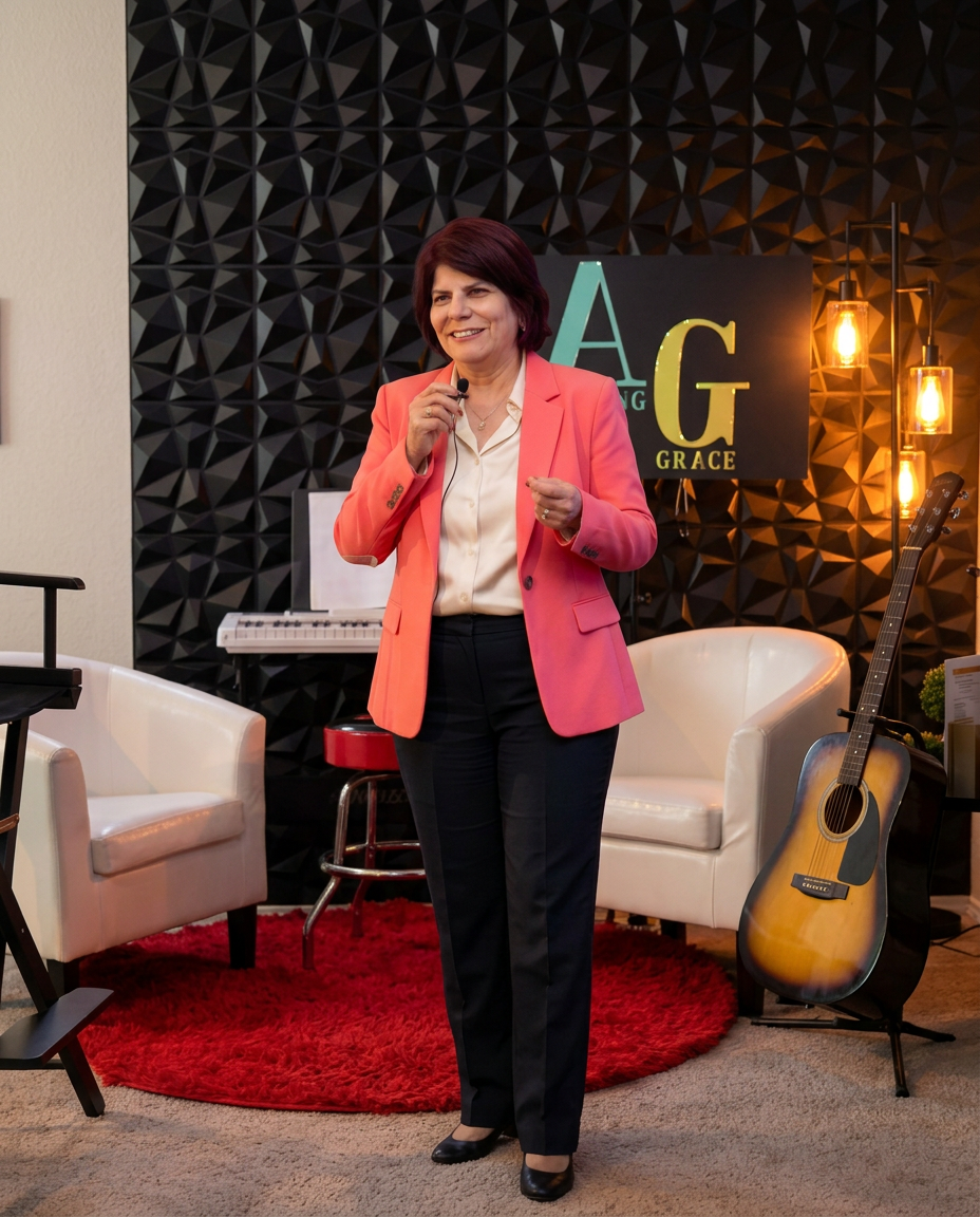 Laura Weller speaking in the Amazing Grace Studio
