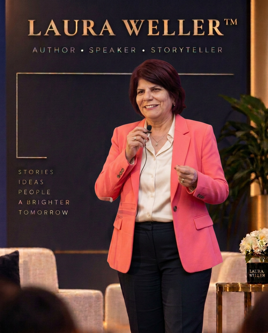 Laura Weller speaking at a professional event in front of a Laura Weller branded backdrop