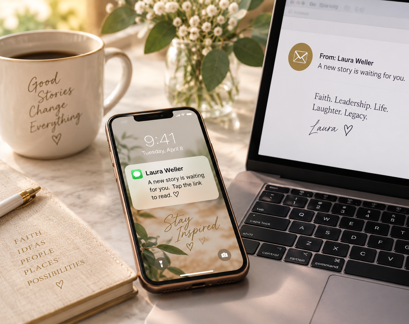 A phone and laptop showing a new story from Laura Weller beside a coffee mug and notebook on a marble surface