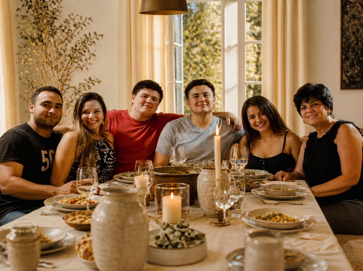 A multigenerational family laughing around a long dinner table