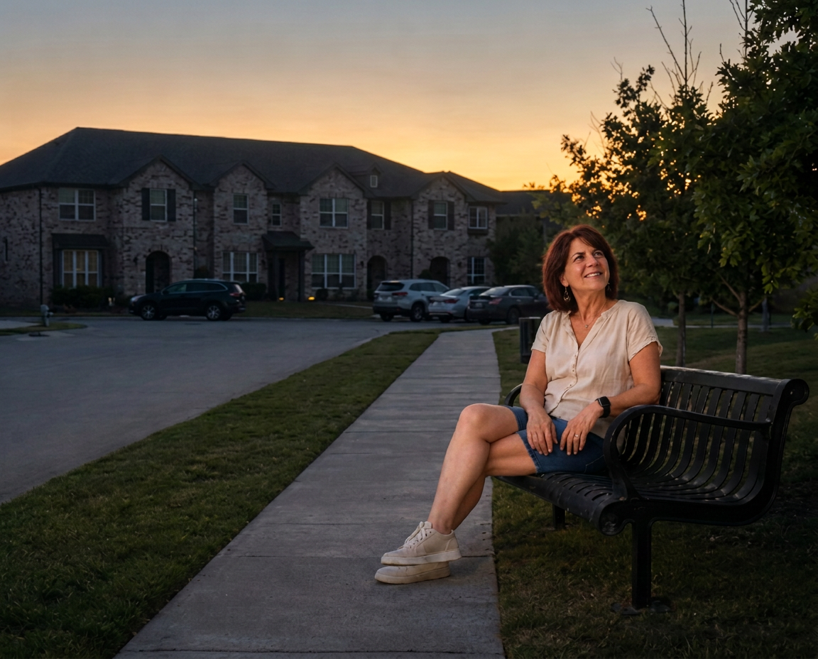 Legacy at Heritage — Laura Weller on a park bench at golden hour